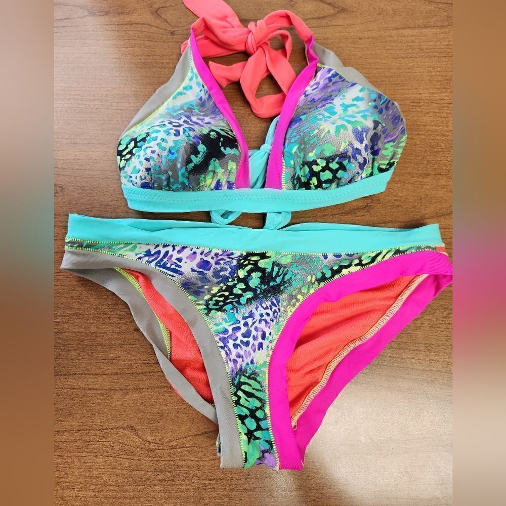 💕ABS Allen Schwartz size 8 Neon orange purple leopard print bikini